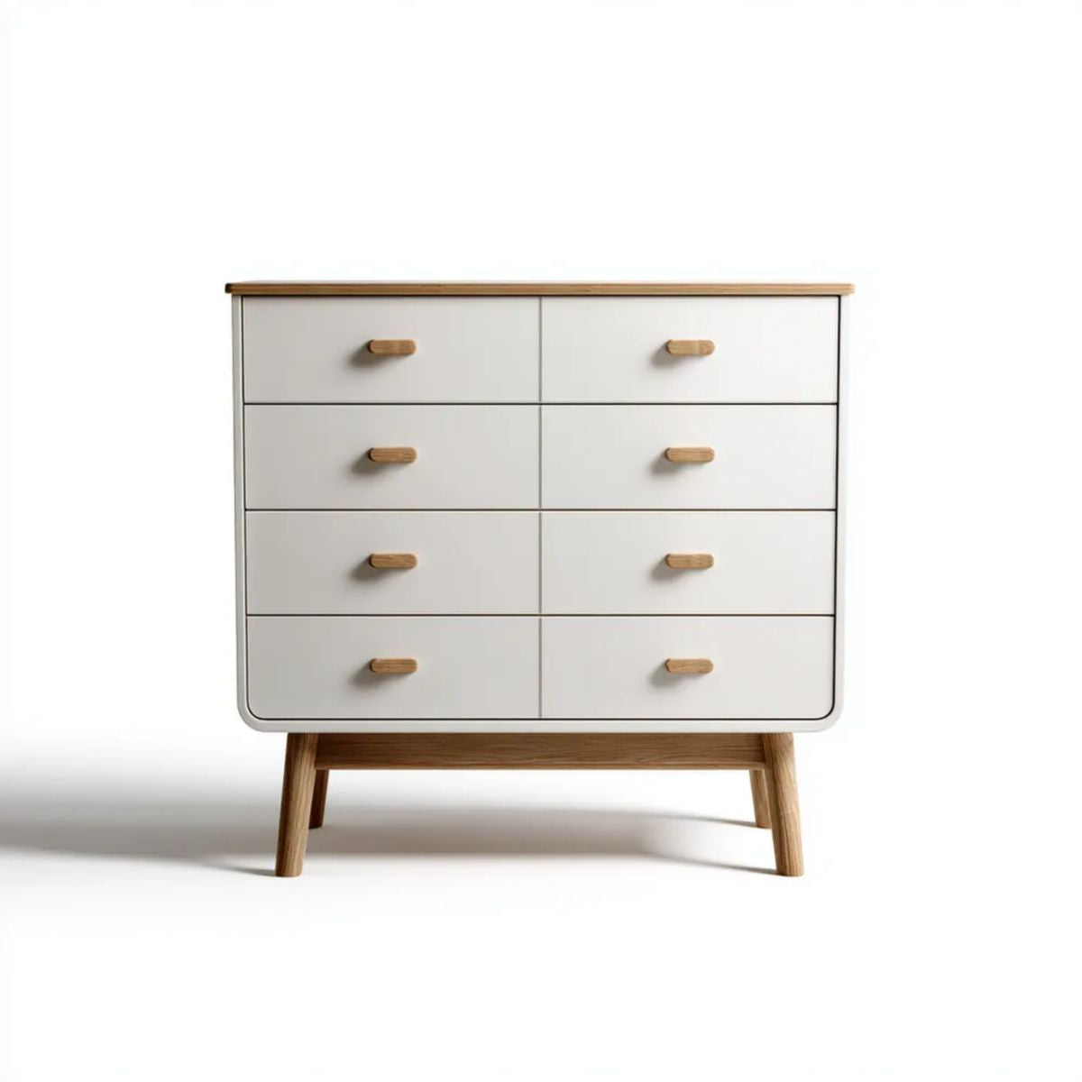 Biała komoda z 8 szufladami z MDF i elementami dębowymi, 120 × 45 × 100 cm