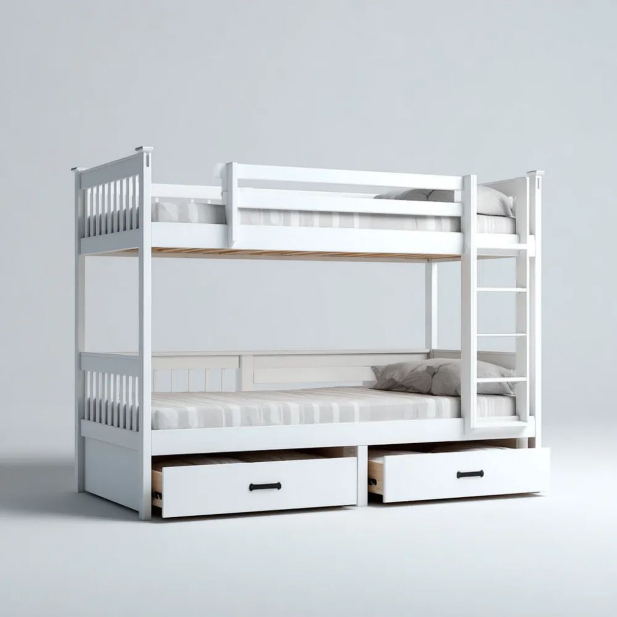 Białe drewniane łóżko piętrowe dla dzieci 90 × 200 cm z 2 szufladami