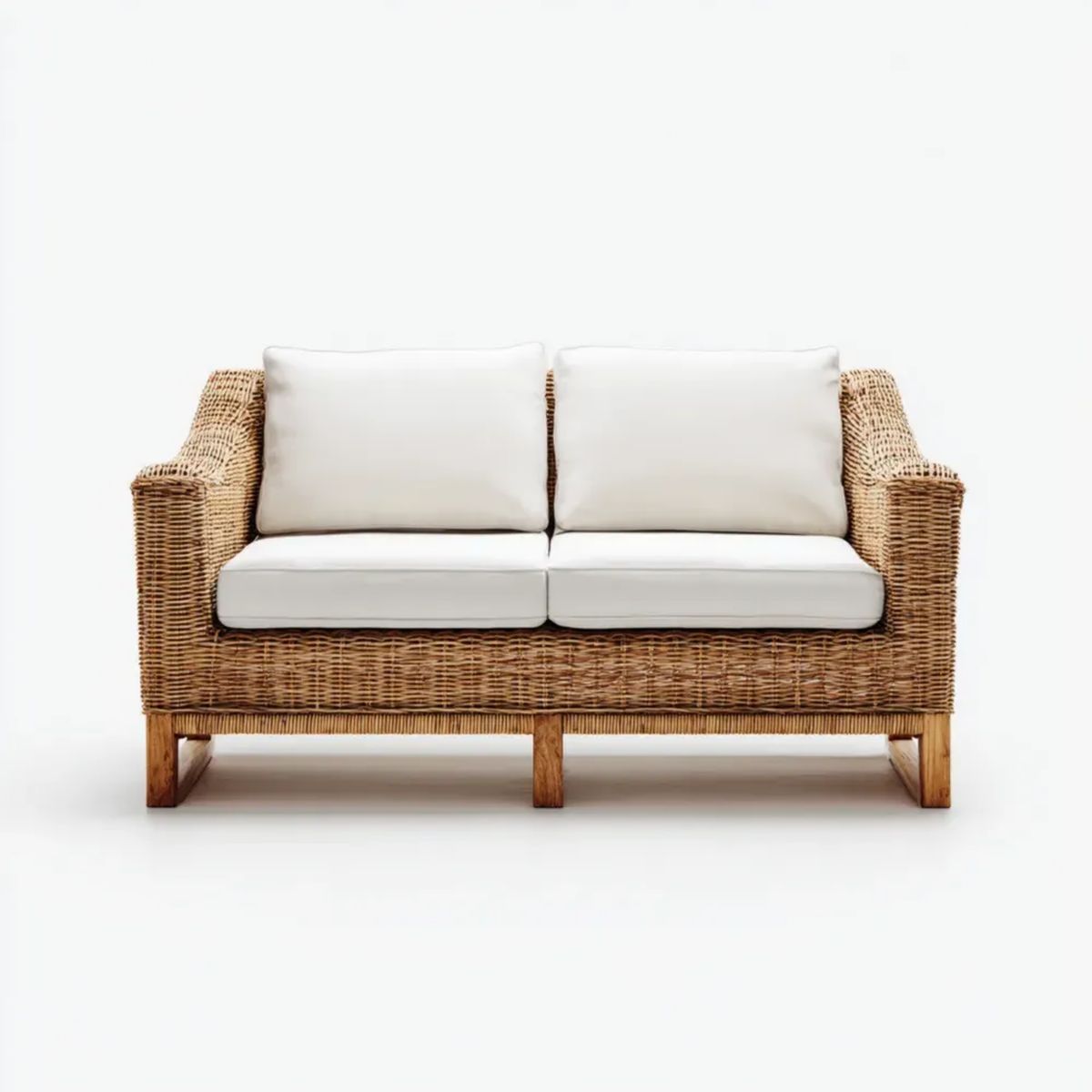 Dwuosobowa sofa ogrodowa z rattanu i drewna, naturalny brąz/kremowy, 140 × 75 × 80 cm