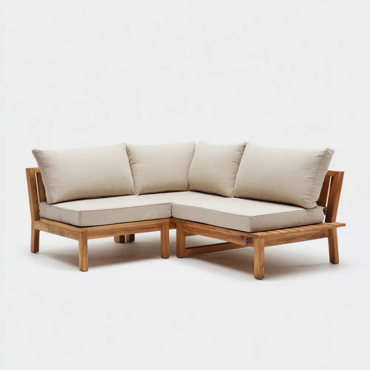 4-osobowa narożna sofa ogrodowa w kształcie L z litego drewna akacjowego, beżowa, 150 × 150 × 70 cm