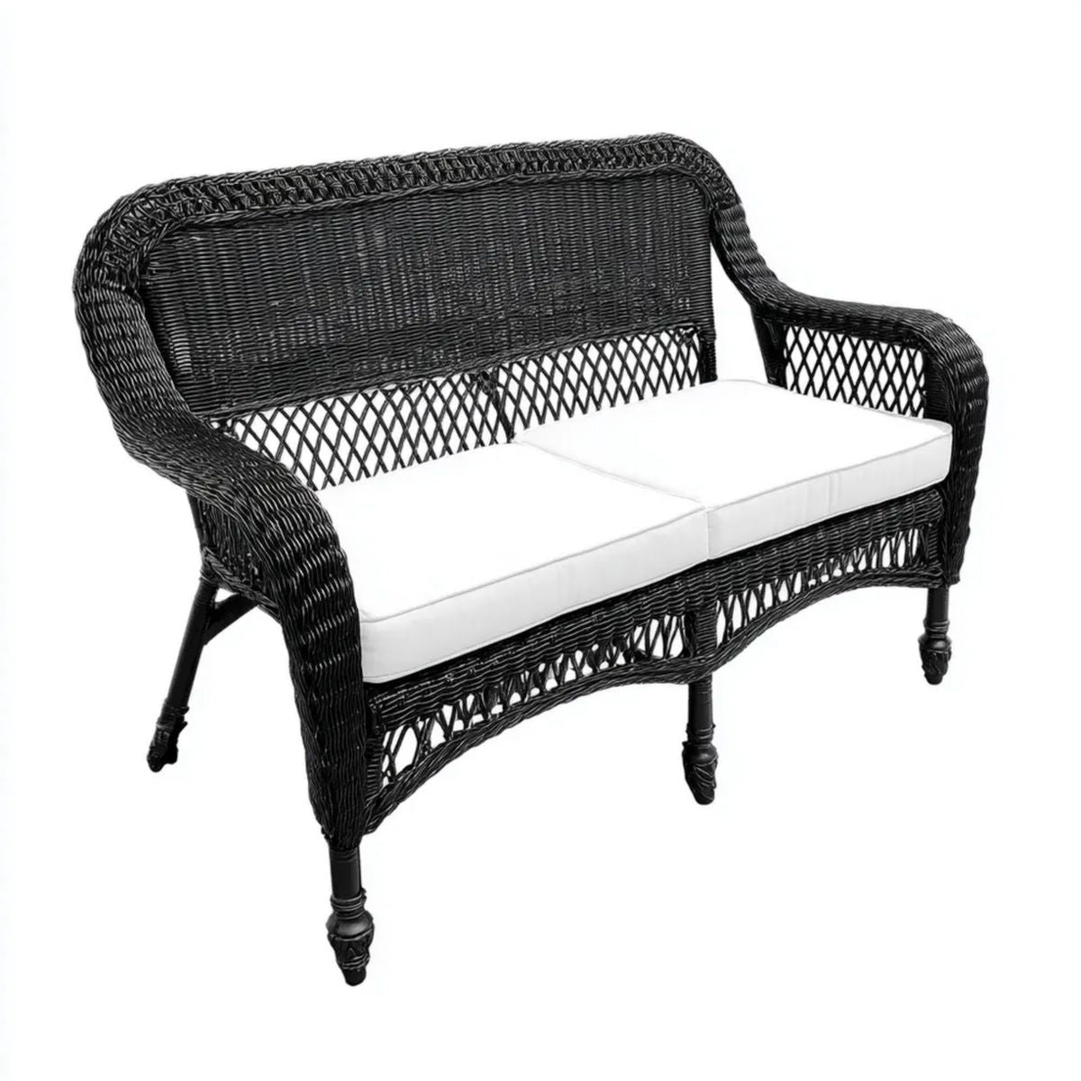 Dwuosobowa sofa ogrodowa z rattanu, czarna z białymi poduszkami, 122 x 67 x 86 cm