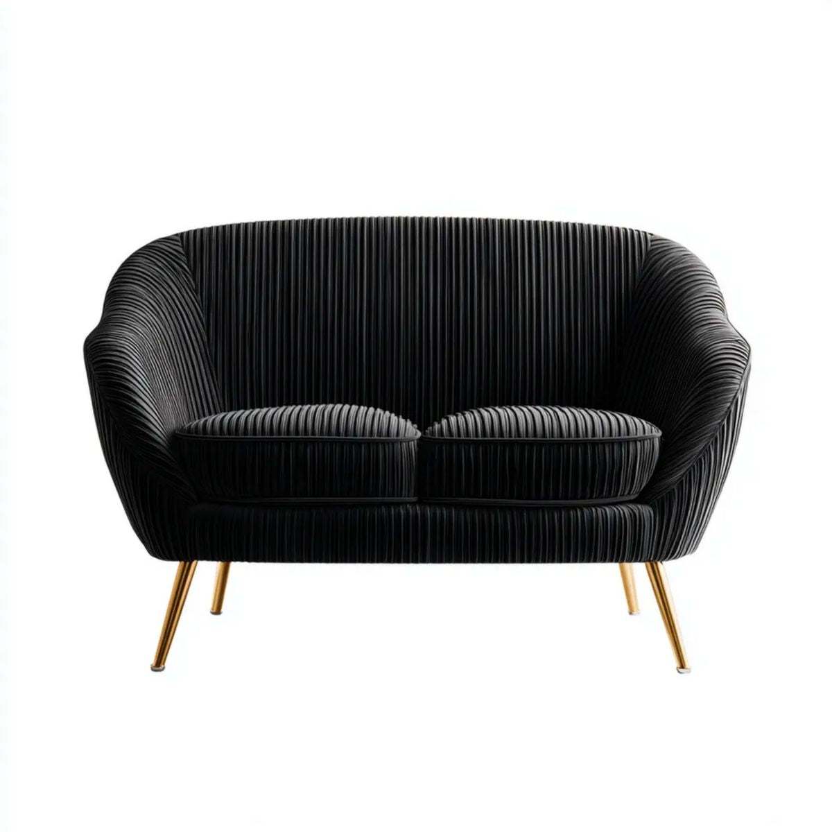 Czarna sofa dwuosobowa z tkaniny z złotymi metalowymi nogami, 130 x 78 x 80 cm