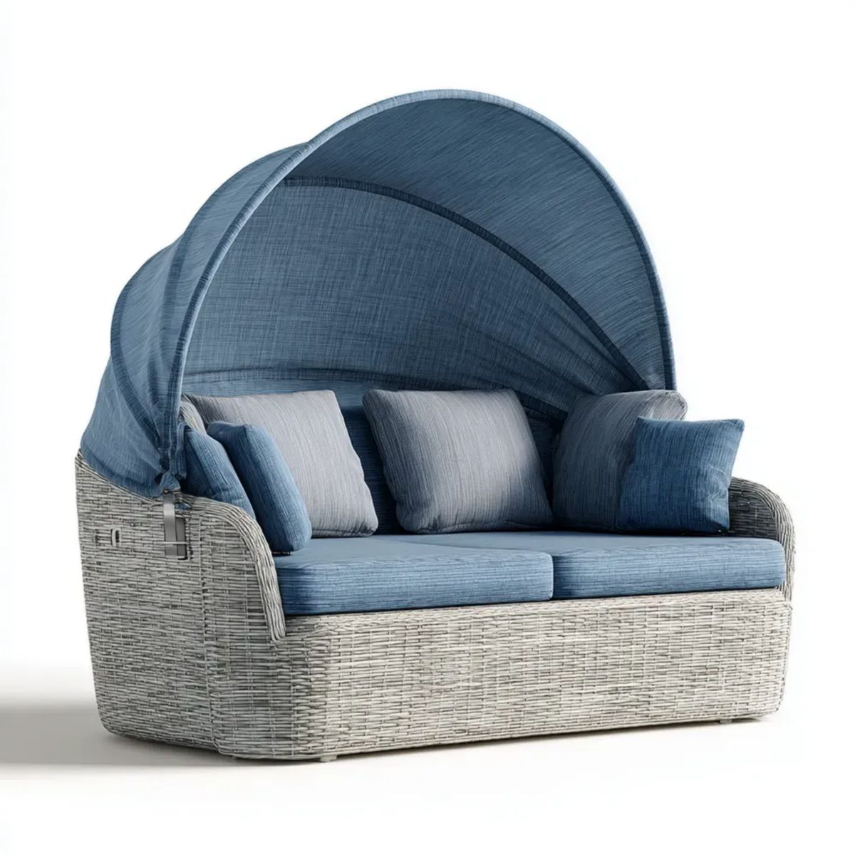Dwuosobowa sofa ogrodowa z daszkiem z rattanu PE, niebiesko-szara, 145 x 85 x 150 cm