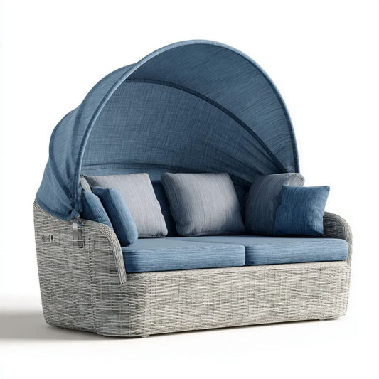 Dwuosobowa sofa ogrodowa z daszkiem z rattanu PE, niebiesko-szara, 145 x 85 x 150 cm