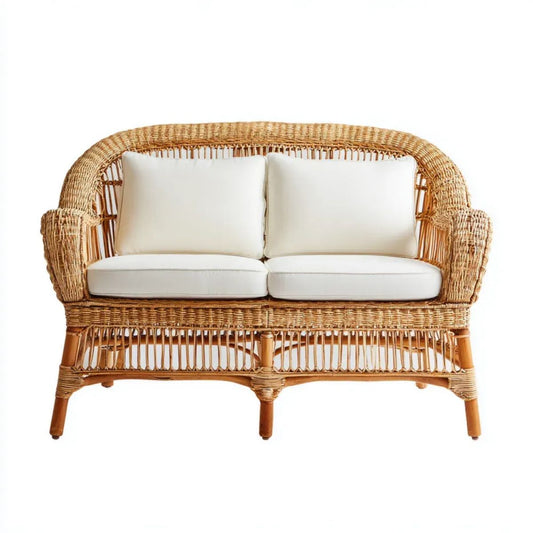 Dwuosobowa sofa ogrodowa z rattanu, naturalna/biała, 120 x 65 x 90 cm, zaokrąglona