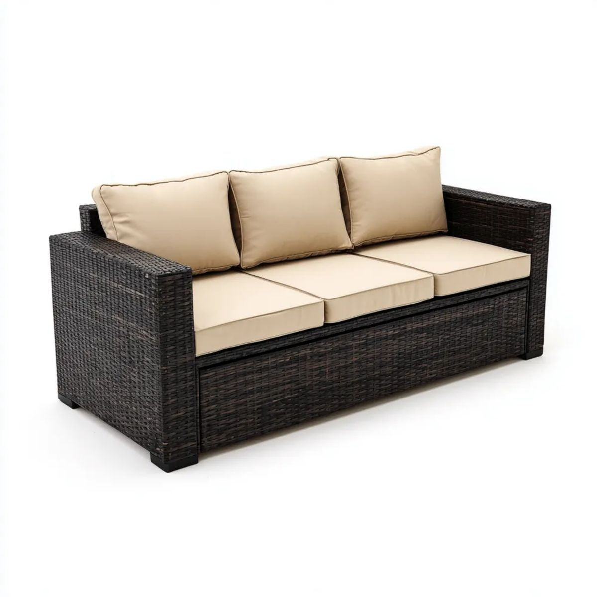 3-osobowa sofa ogrodowa z technorattanu brązowa z beżowymi poduszkami, 200 x 70 x 70 cm