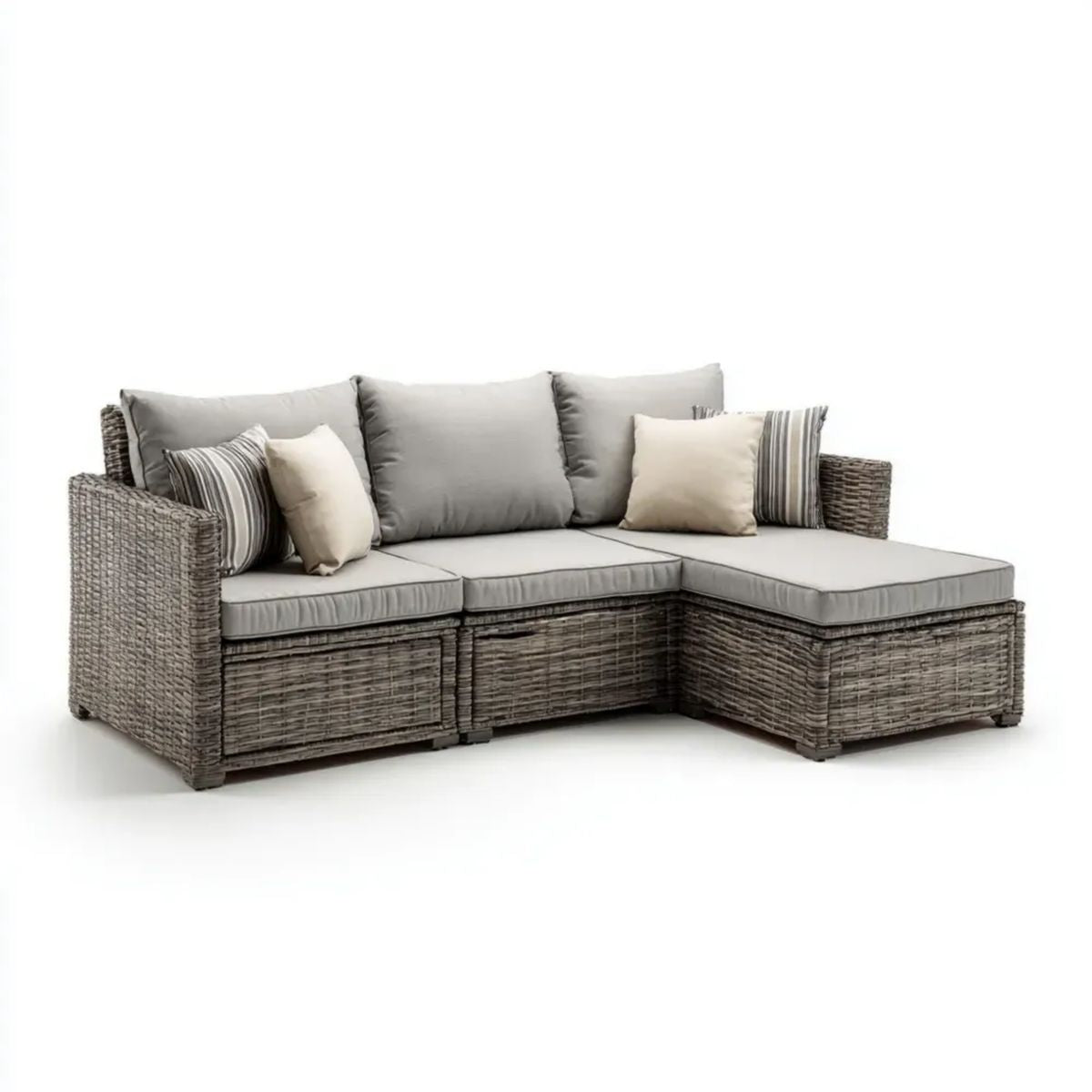 Ogrodowa narożna sofa z technorattanu, prawostronna, szara i jasnoszara, 200 x 140 x 85 cm