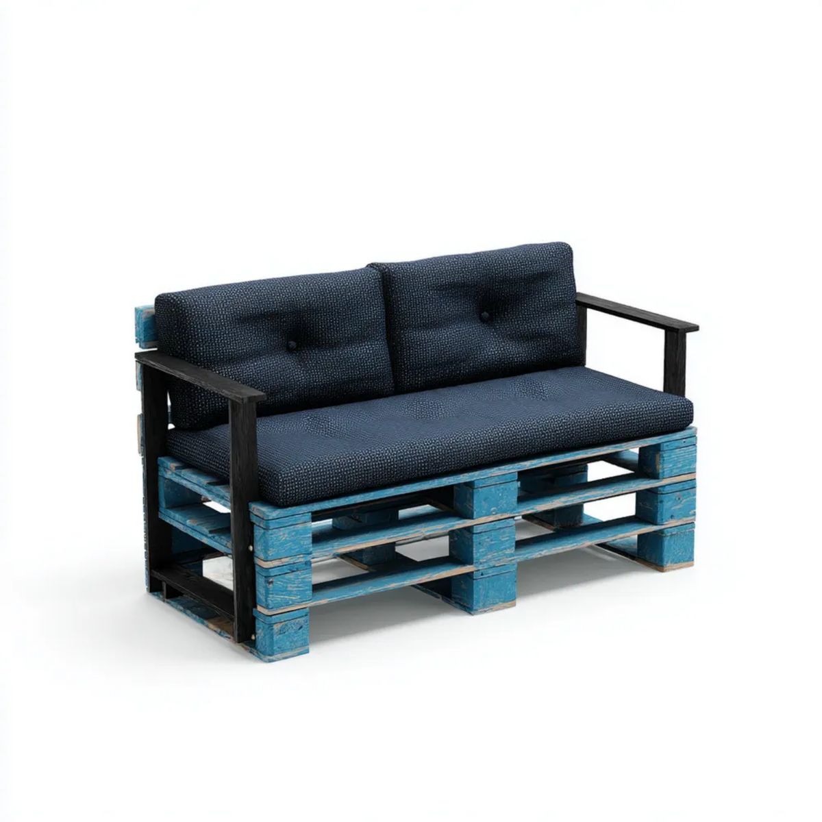 2-osobowa sofa ogrodowa z palet z litego drewna sosnowego, niebiesko-czarna, 120 x 80 x 80 cm
