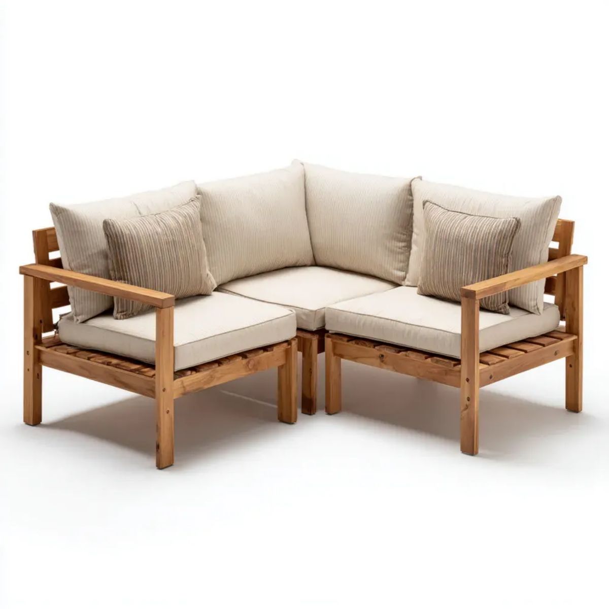 4-osobowa narożna sofa ogrodowa z drewna, beżowa z poduszkami, 160 × 160 × 70 cm, L