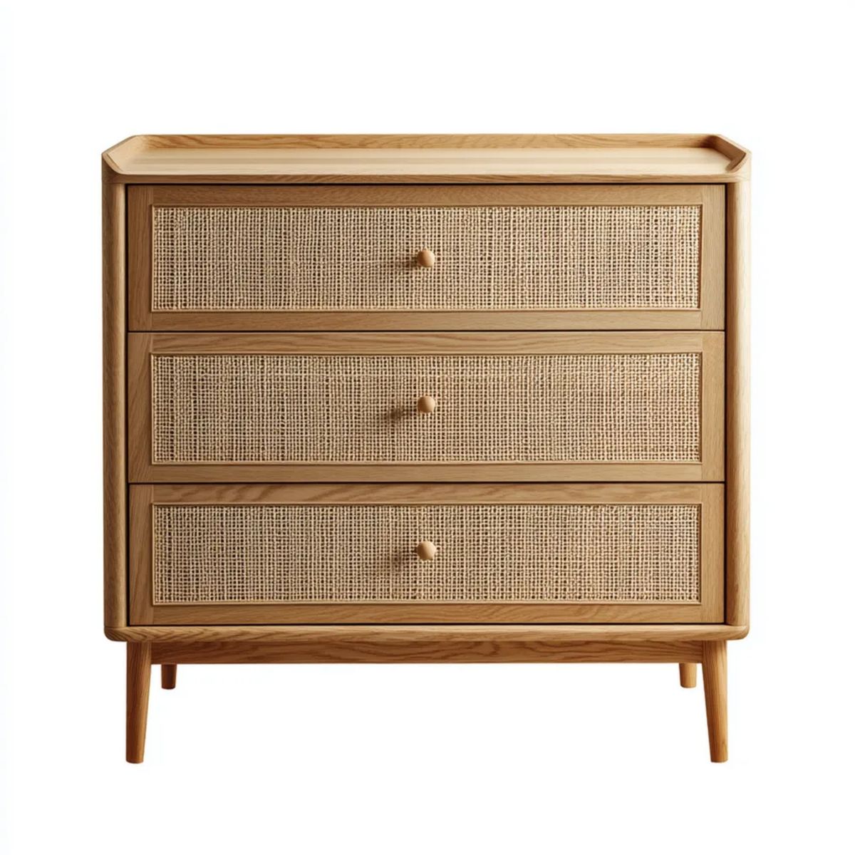 Komoda drewniana z 3 szufladami i rattanem, naturalna, 80 × 40 × 100 cm