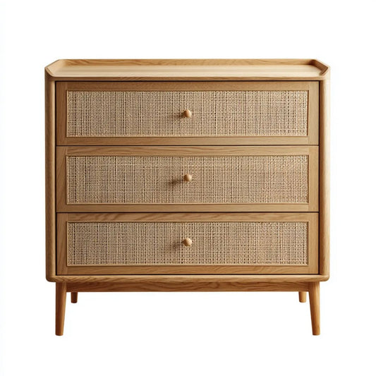 Komoda drewniana z 3 szufladami i rattanem, naturalna, 80 × 40 × 100 cm
