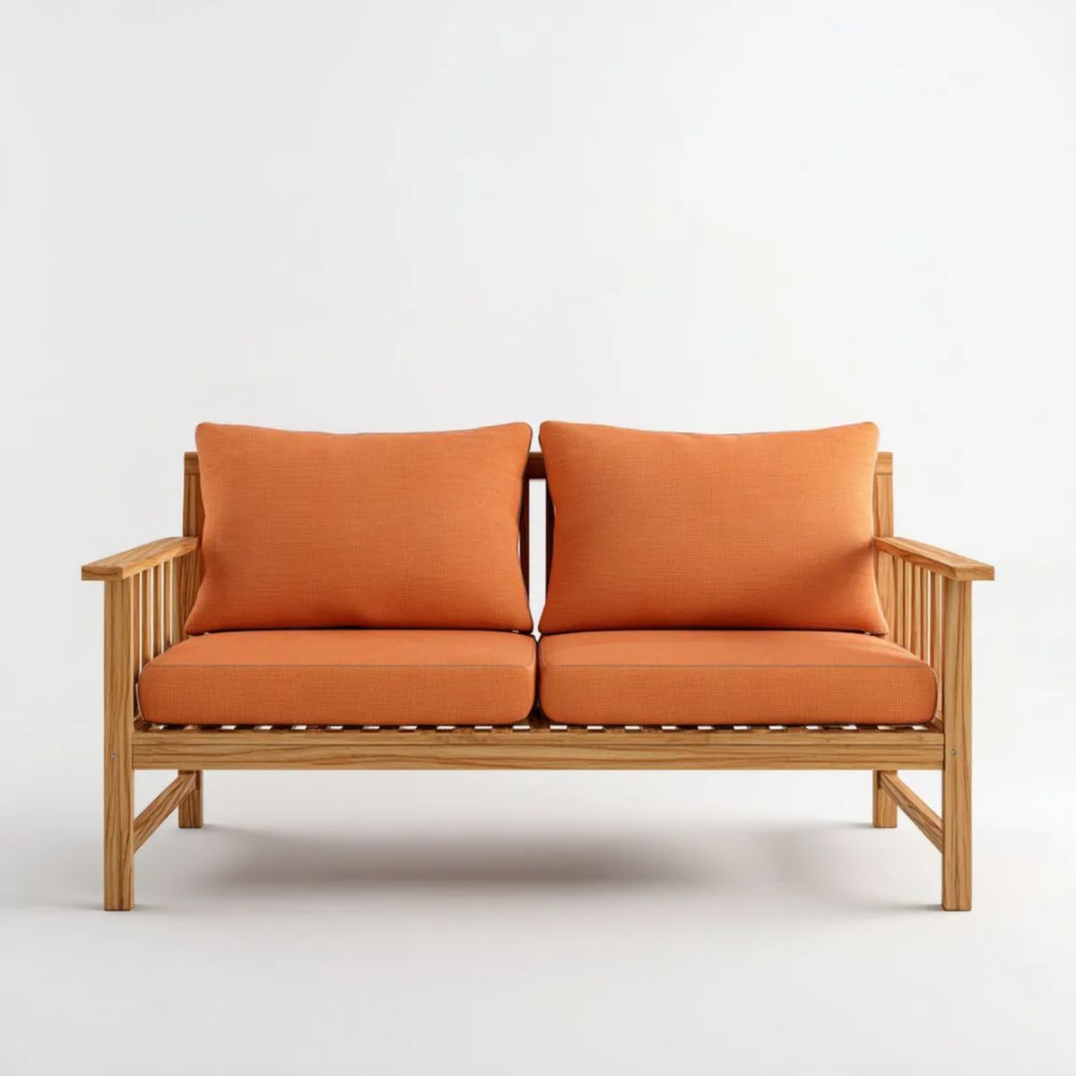 Dwuosobowa sofa ogrodowa z drewna, naturalny brąz i pomarańczowe poduszki, 120 x 65 x 75 cm