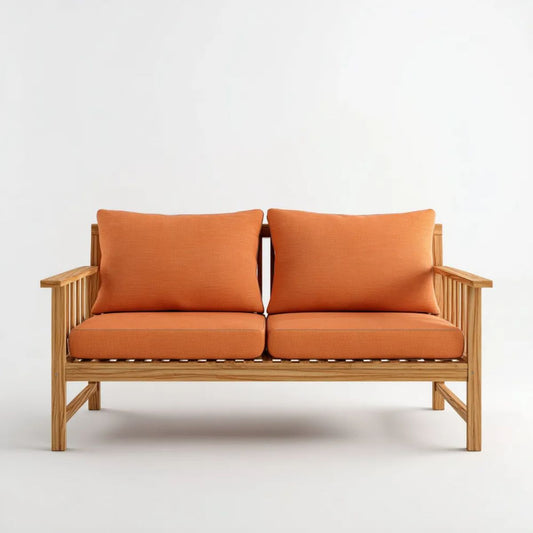 Dwuosobowa sofa ogrodowa z drewna, naturalny brąz i pomarańczowe poduszki, 120 x 65 x 75 cm