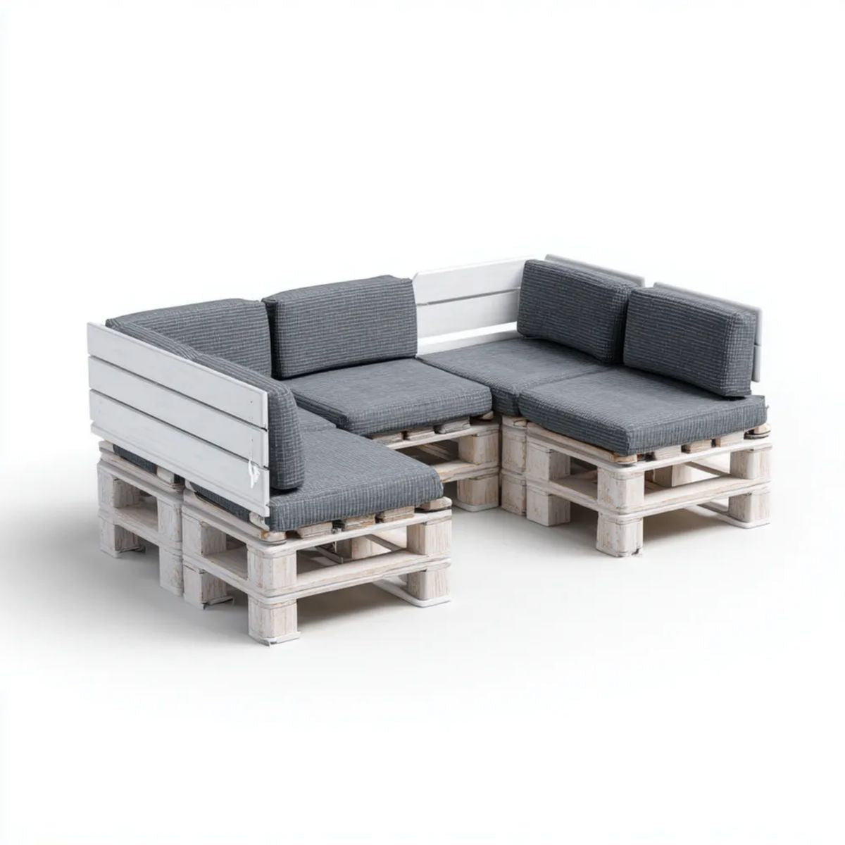 Ogrodowa narożna sofa z palet z drewna, biało-szara, 240 x 160 x 80 cm, w kształcie L
