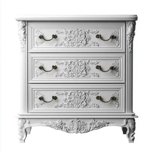 Barokowa biała komoda z płyty MDF, 3 szuflady, 100 × 45 × 100 cm