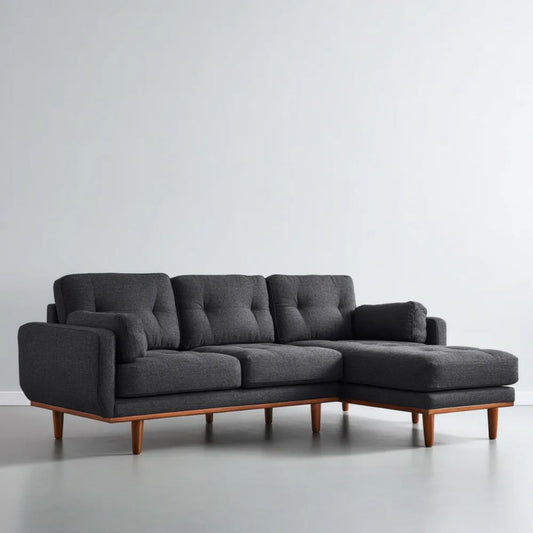 Grafitowa sofa narożna z prawym szezlongiem, tapicerowana, z drewnianymi nogami, 250 x 160 x 84 cm
