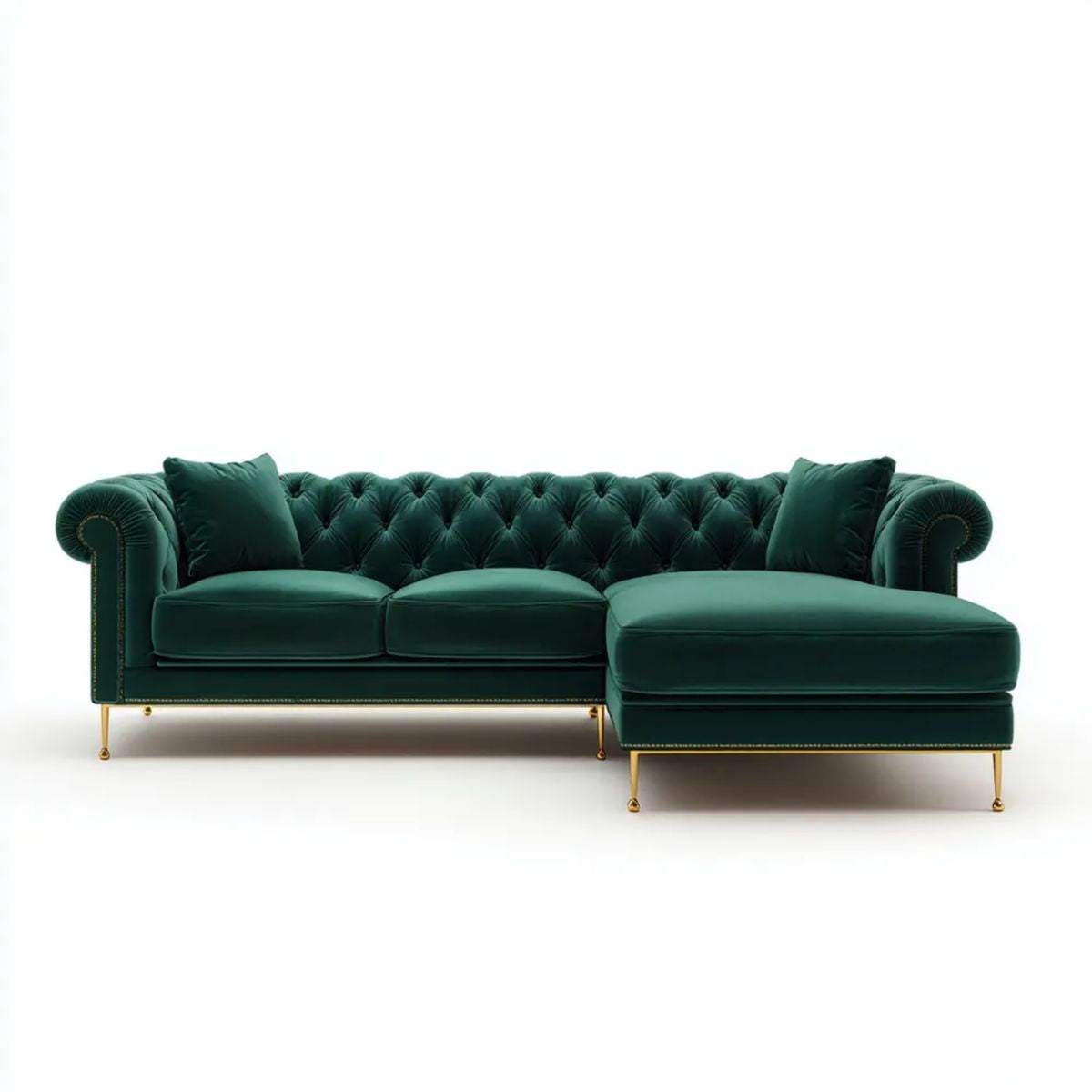 3-osobowa sofa narożna Chesterfield z szezlongiem po prawej, ciemnozielona/złota, aksamit poliestrowy, 285 × 165 × 82 cm