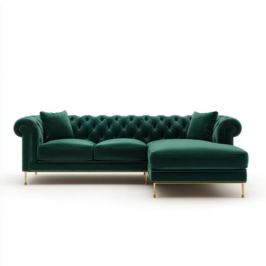 3-osobowa sofa narożna Chesterfield z szezlongiem po prawej, ciemnozielona/złota, aksamit poliestrowy, 285 × 165 × 82 cm