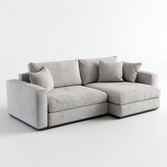 Jasnoszara sofa narożna z prawostronnym szezlongiem, tapicerowana tkaniną, 250 x 170 x 85 cm