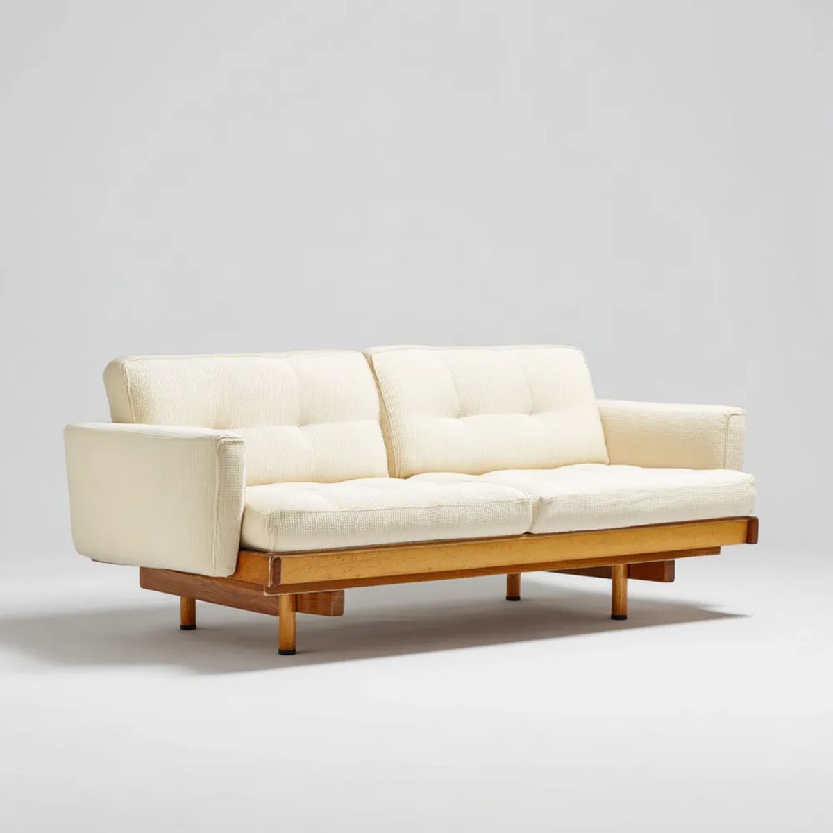 Trzyosobowa sofa kremowa z tapicerką poliestrową i drewnianą ramą, 210 × 90 × 82 cm