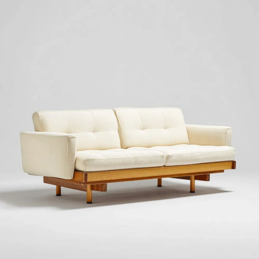 Trzyosobowa sofa kremowa z tapicerką poliestrową i drewnianą ramą, 210 × 90 × 82 cm