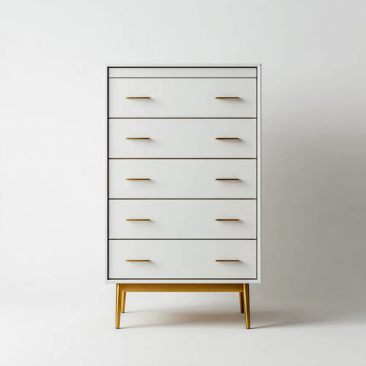Biała komoda pięcioszufladowa ze stali i płyty MDF 80 × 40 × 130 cm ze złotymi nogami