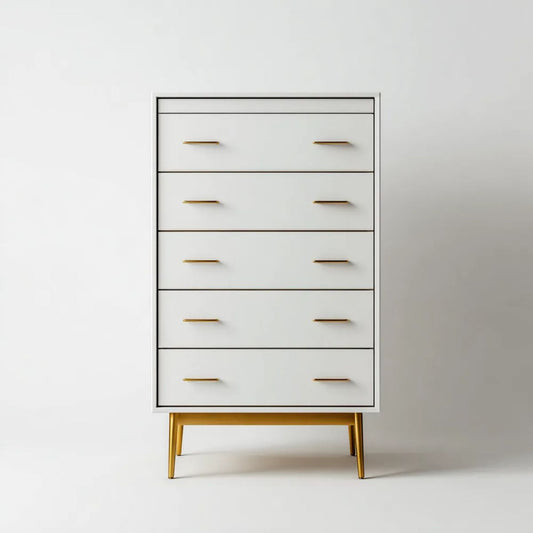 Biała komoda pięcioszufladowa ze stali i płyty MDF 80 × 40 × 130 cm ze złotymi nogami