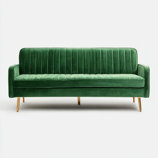 Trzyosobowa sofa aksamitna ciemnozielona ze złotymi metalowymi nogami, 190 x 85 x 85 cm