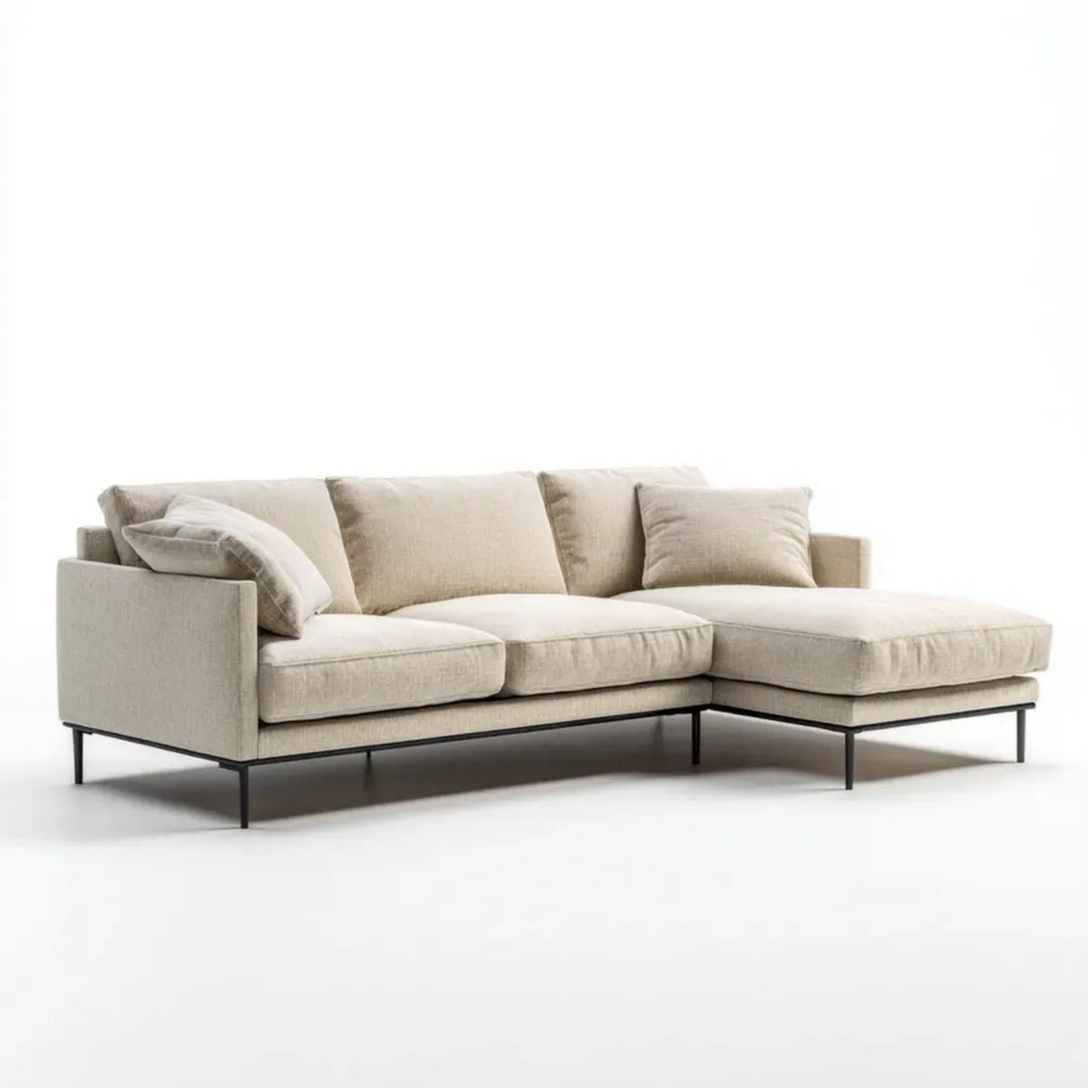 Beżowa sofa narożna z prawostronnym szezlongiem, tapicerowana, 260 × 160 × 85 cm