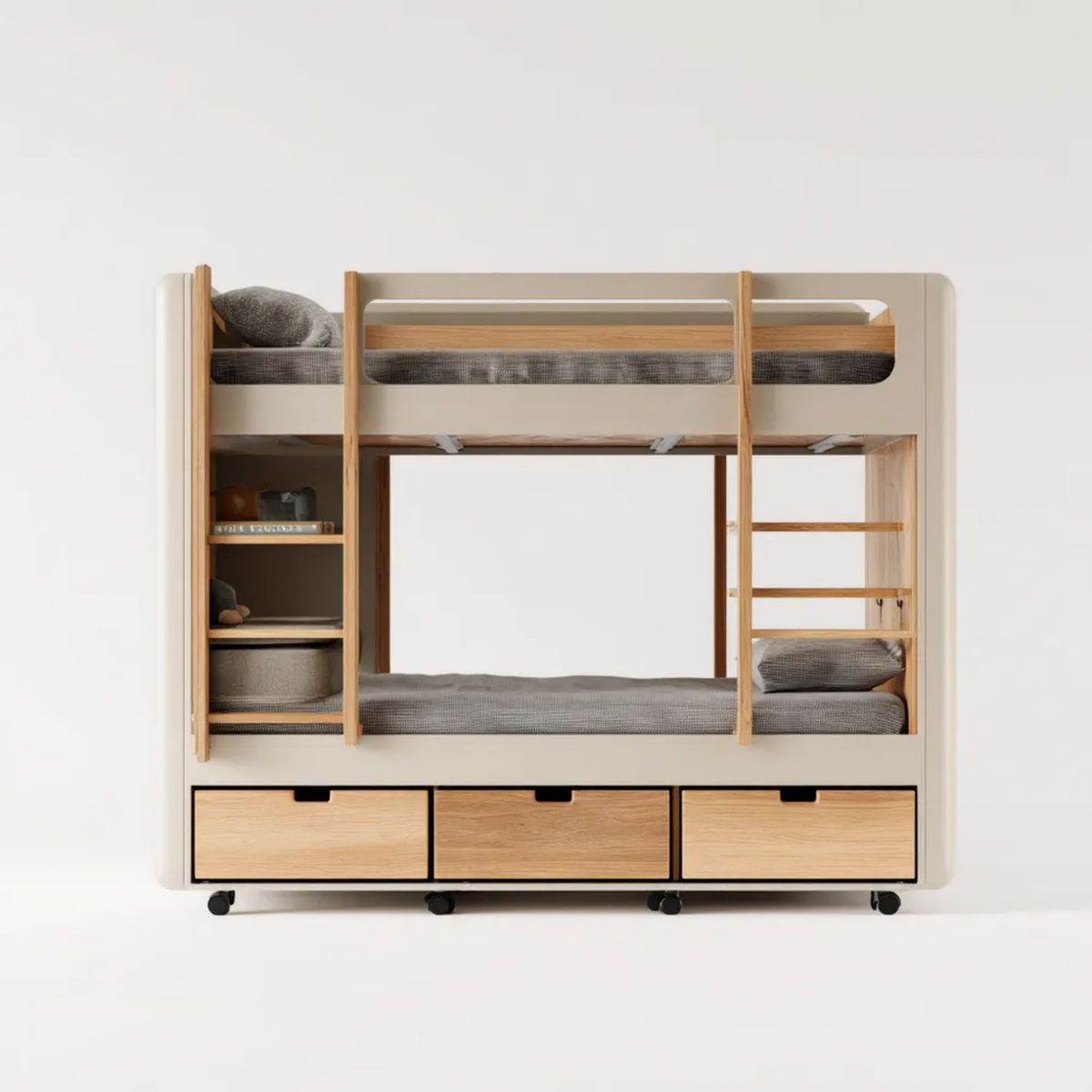 Dziecięce łóżko piętrowe z szufladami MDF i lite drewno bukowe, kremowo-bukowe, 220 × 105 × 190 cm