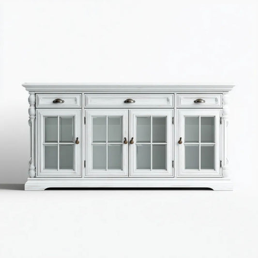 Biały kredens z płyty MDF i szkła, 180 x 45 x 100 cm, 4 drzwi i 3 szuflady