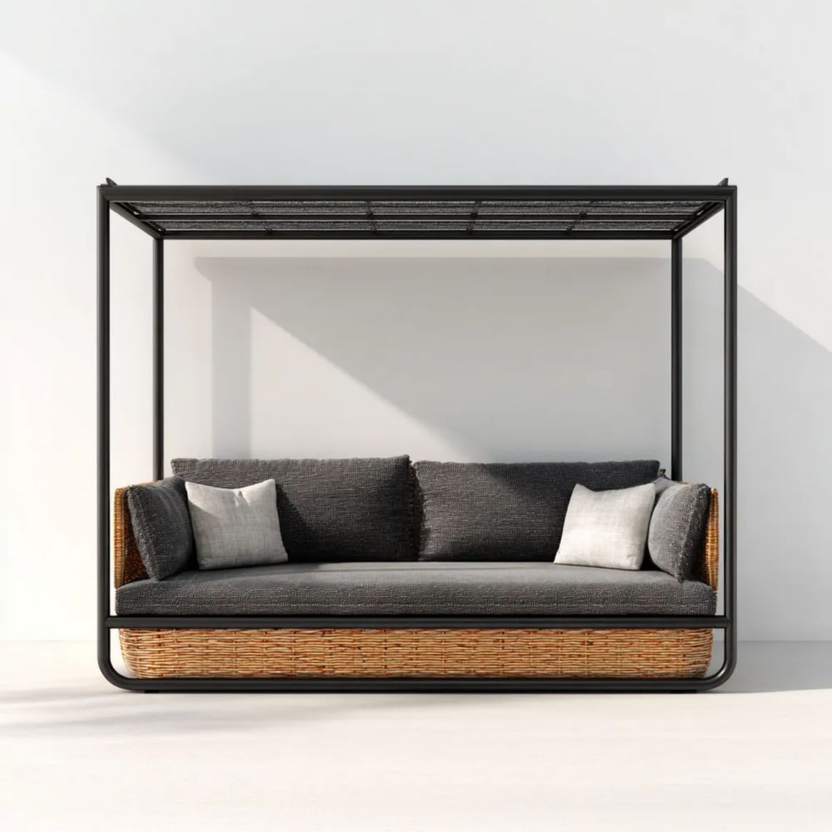 Trzyosobowa sofa ogrodowa z zadaszeniem ze stali i technorattanu 220 x 100 x 200 cm czarno-brązowa z grafitowymi poduszkami