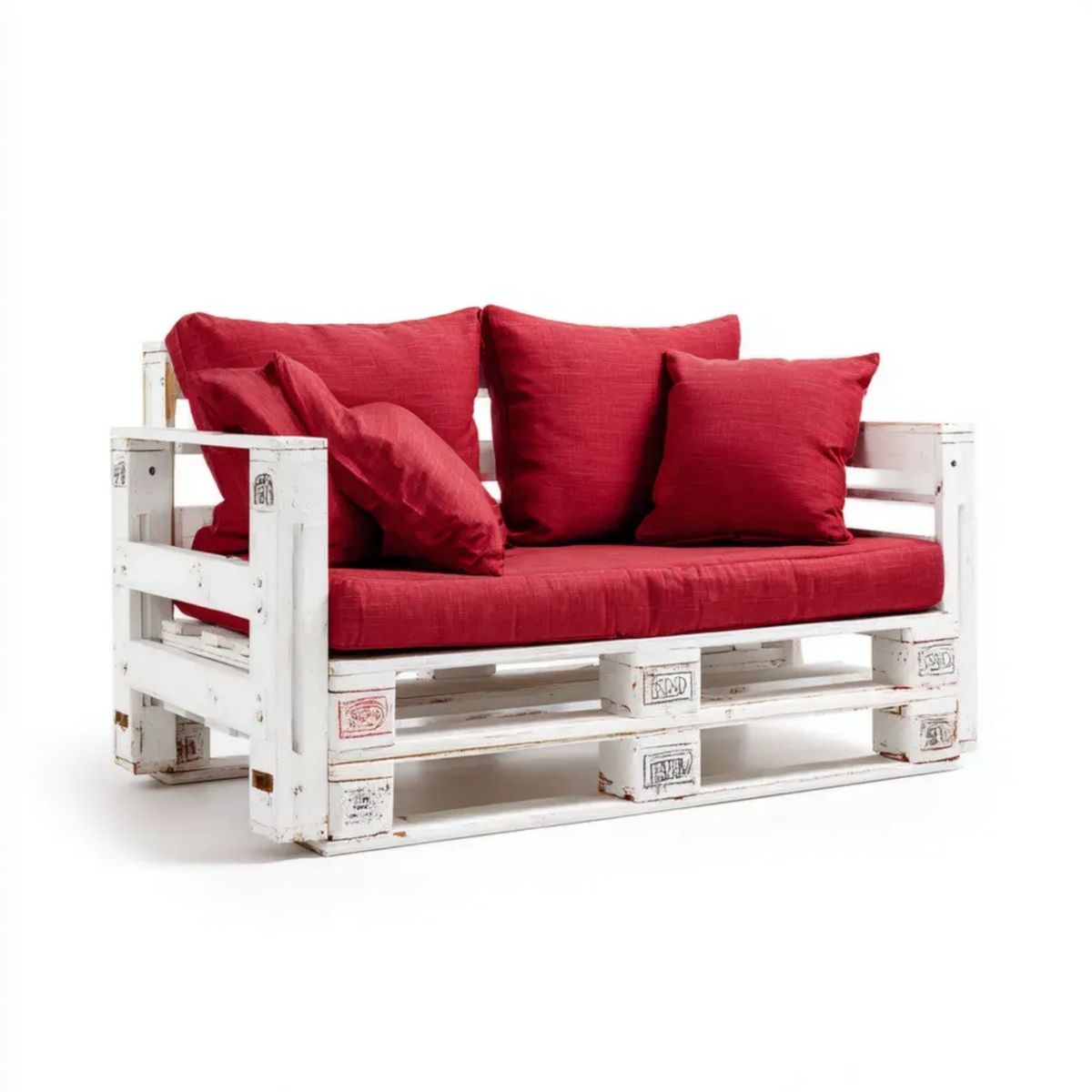 Ogrodowa sofa paletowa drewniana biała z czerwonymi poduszkami, 120 × 80 × 70 cm