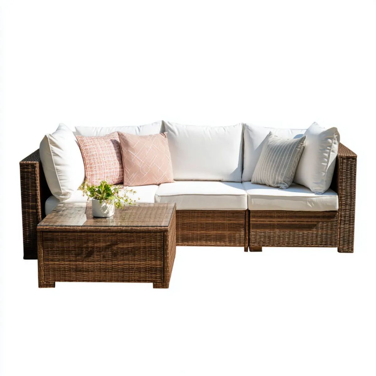 Ogrodowy zestaw mebli z technorattanu – 2-osobowa sofa modułowa 200 × 70 × 63 cm i stolik ze szkłem 70 × 70 × 35 cm, brązowo-biały