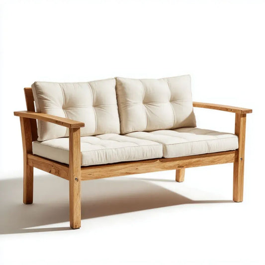 Dwuosobowa sofa ogrodowa z litego drewna akacjowego z beżowymi poduszkami, 125 x 65 x 80 cm