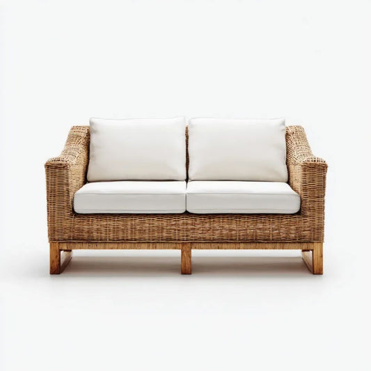 Dwuosobowa sofa ogrodowa z rattanu i drewna, naturalny brąz/kremowy, 140 × 75 × 80 cm