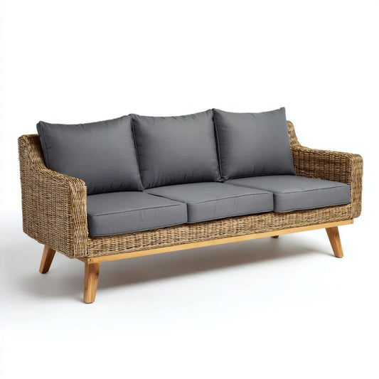 3-osobowa sofa ogrodowa z naturalnego rattanu i drewna akacjowego, naturalny brąz/ciemnoszary, 200 × 80 × 82 cm