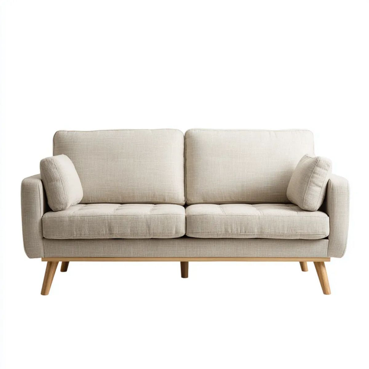 Beżowa sofa 2-osobowa z tkaniną poliestrową i nogami z litego drewna, 180 x 85 x 85 cm