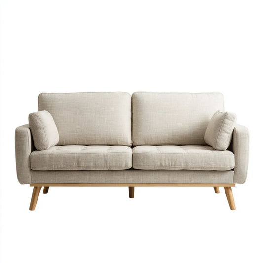 Beżowa sofa 2-osobowa z tkaniną poliestrową i nogami z litego drewna, 180 x 85 x 85 cm