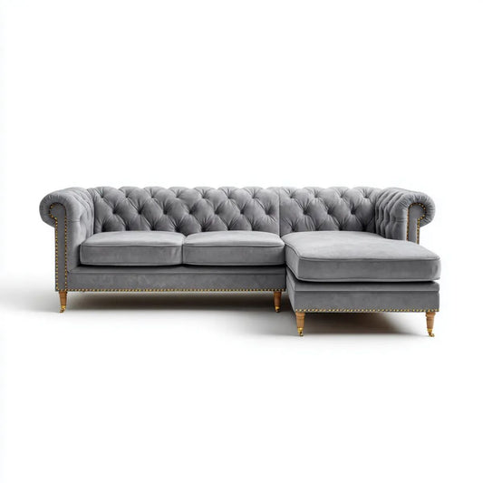 Prawostronna sofa narożna Chesterfield w kształcie L, szara, aksamitna, 280 x 170 x 75 cm