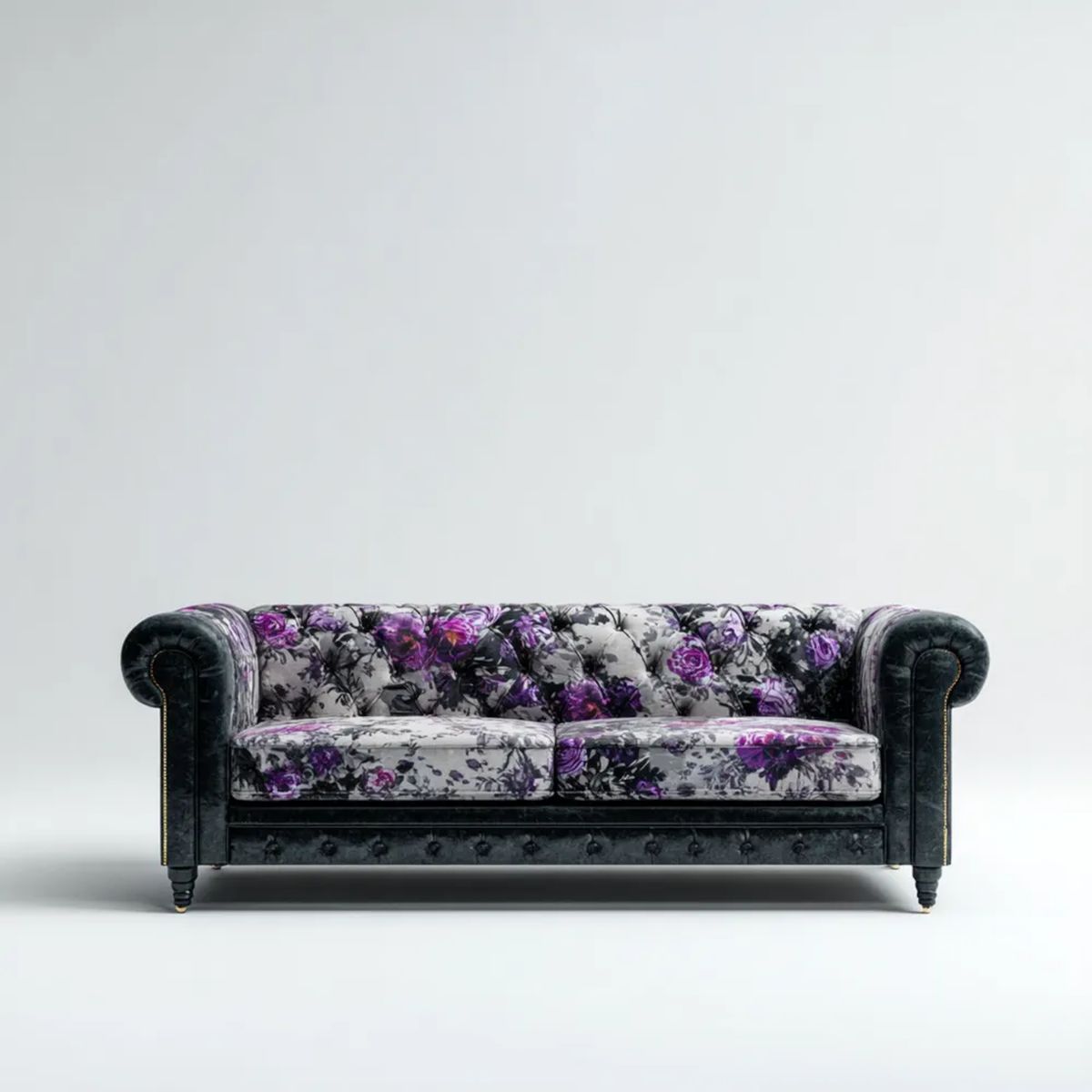 Sofa trzyosobowa Chesterfield czarno-fioletowa z tapicerką poliestrową 220 x 90 x 75 cm