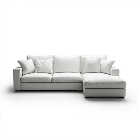Biała sofa narożna w kształcie L z prawostronnym szezlongiem, tapicerowana tkaniną, 260 × 160 × 85 cm