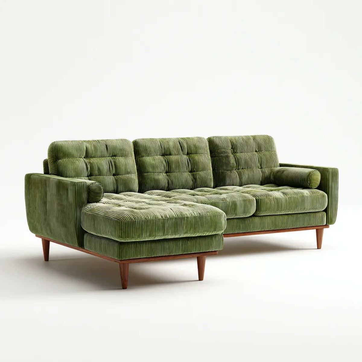 Zielona sofa narożna z lewym szezlongiem, tapicerka sztruksowa z poliestru, 260 × 160 × 85 cm
