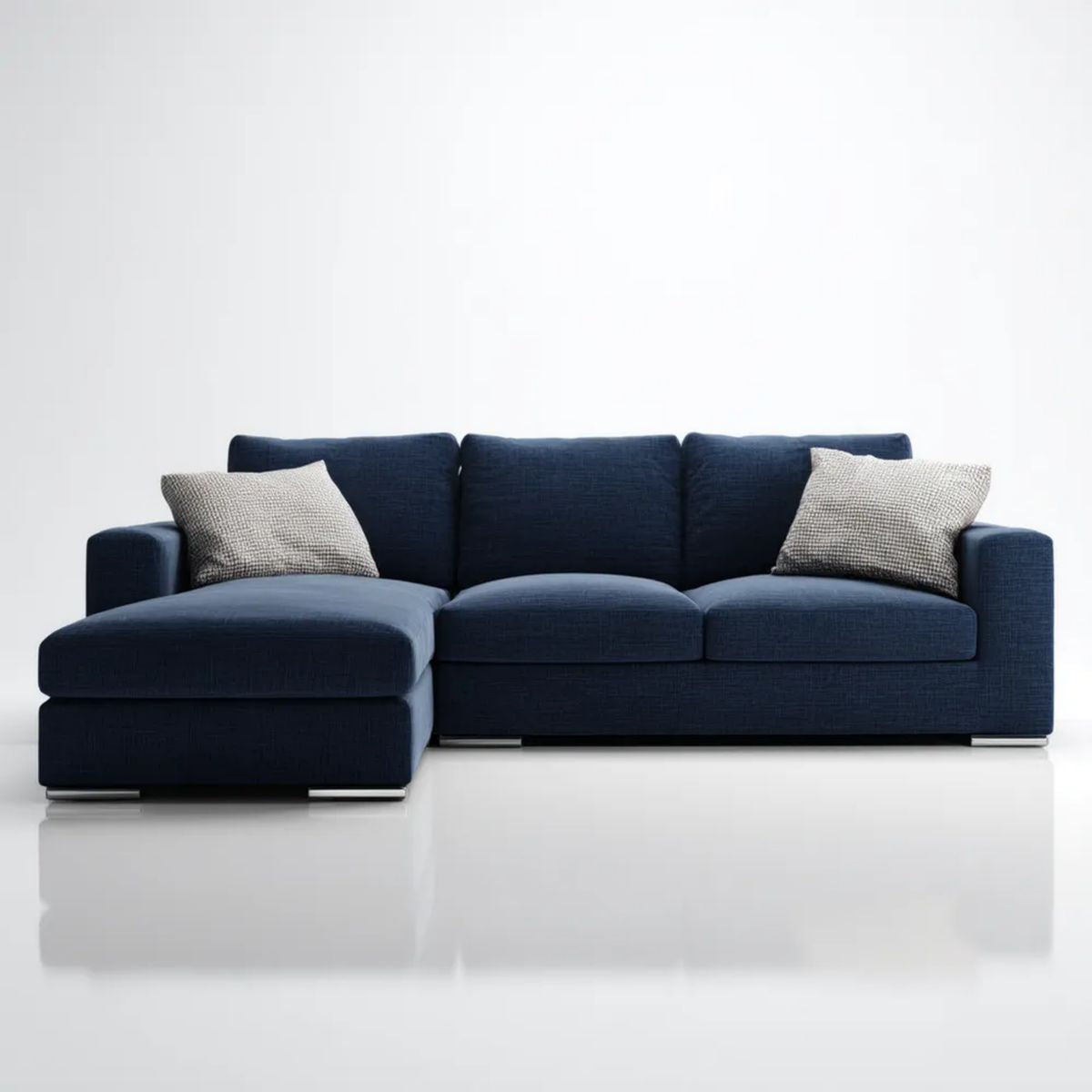 Granatowa sofa narożna z lewostronnym szezlongiem, tapicerka poliestrowa, 280 x 165 x 85 cm
