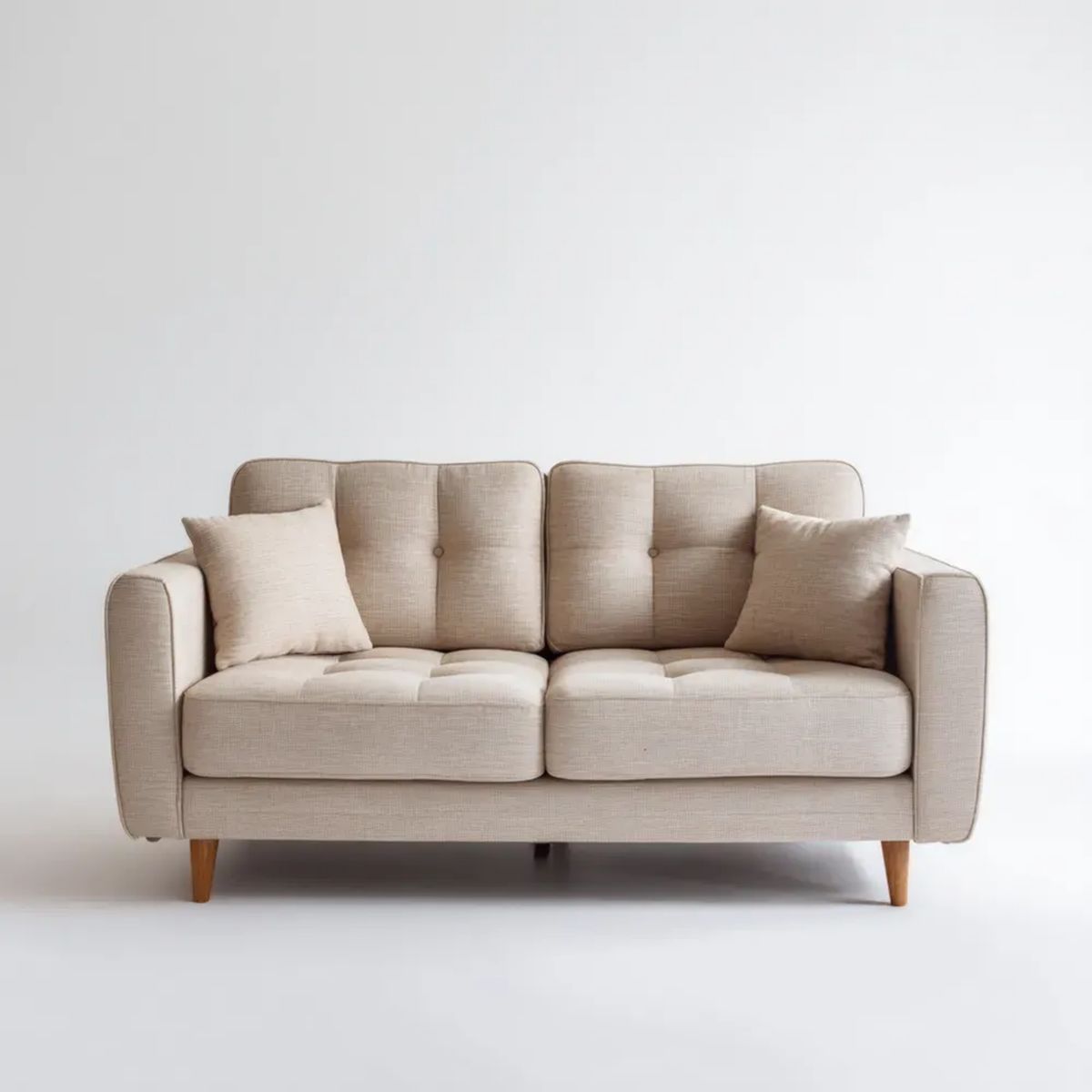 Beżowa sofa dwuosobowa z tkaniny z drewnianymi nogami, 160 x 86 x 86 cm