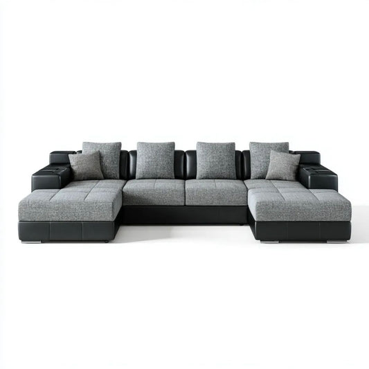 Modułowa sofa w kształcie U z tkaniny poliestrowej i skóry PU, szaro-czarna, 320 × 165 × 85 cm