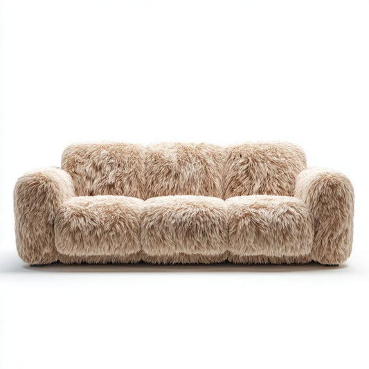 Trzyosobowa sofa beżowa z dzianiny poliestrowej o obłej formie, 220 × 95 × 78 cm
