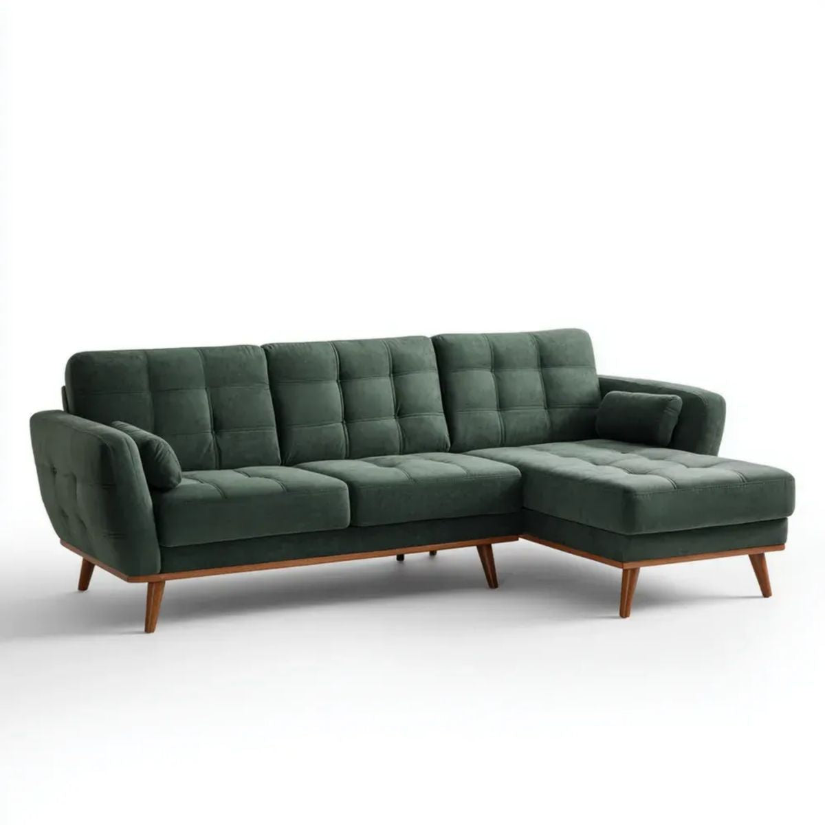 Prawostronna sofa narożna w kształcie L z weluru, ciemnozielona, 260 x 160 x 85 cm