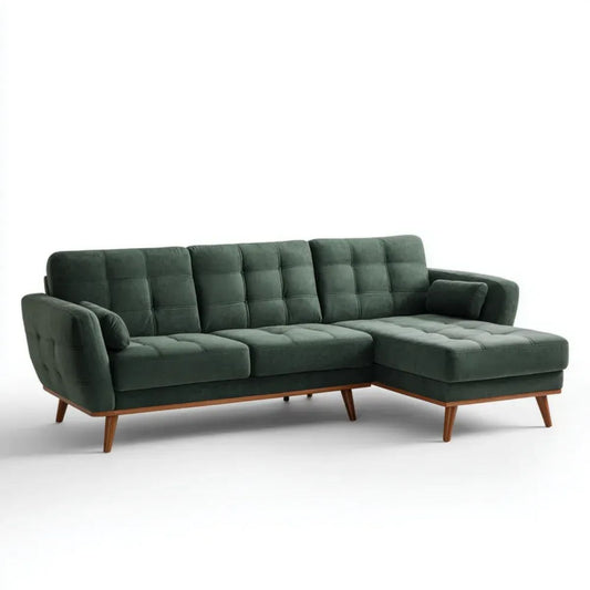 Prawostronna sofa narożna w kształcie L z weluru, ciemnozielona, 260 x 160 x 85 cm