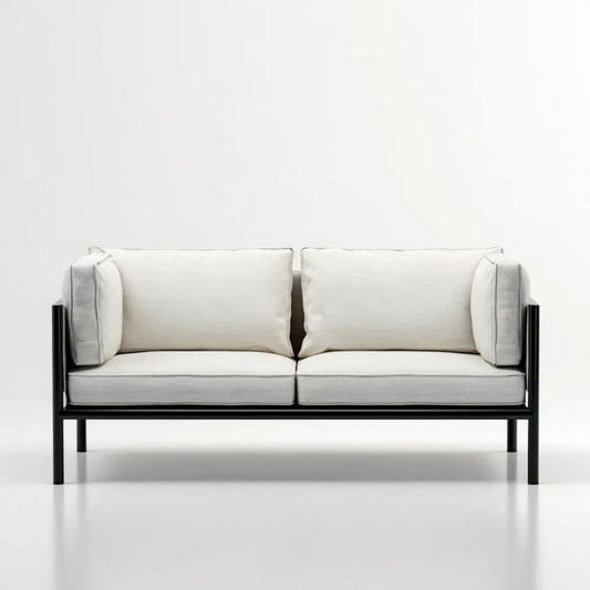 Sofa dwuosobowa kremowa z tapicerką poliestrową i czarną stalową ramą, 140 × 75 × 78 cm